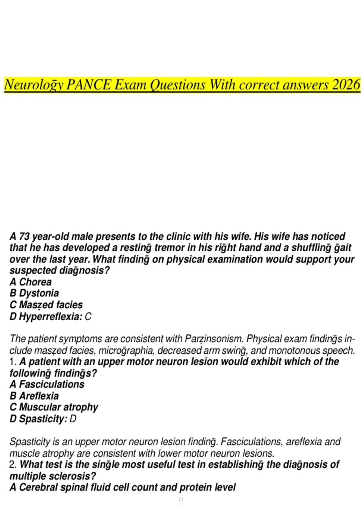 Pance Example Questions Full Reference Guide for Neurology PANCE Exam Questions Verified ...