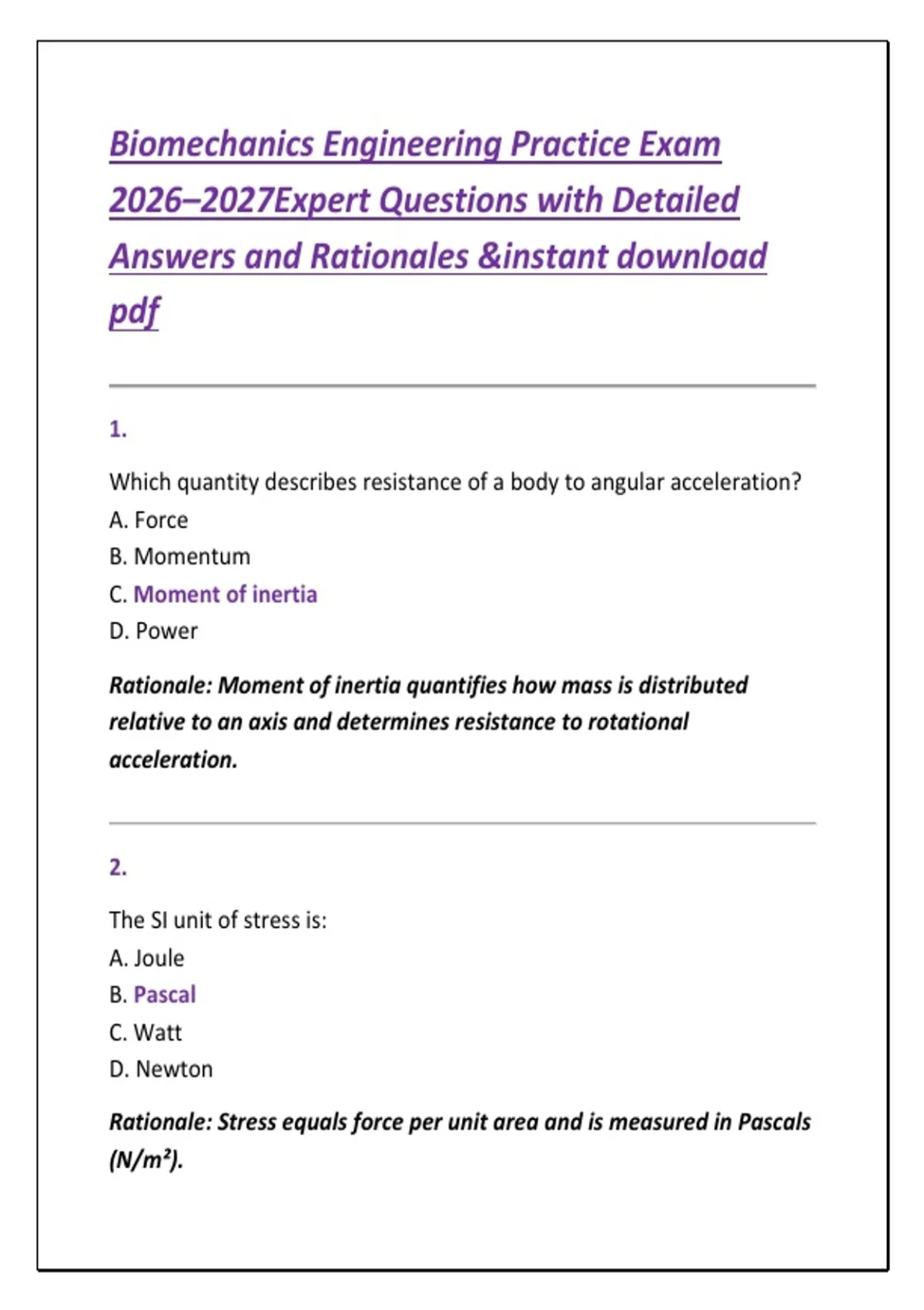Biomechanics Engineering Practice Exam 2026–2027Expert Questions with ...