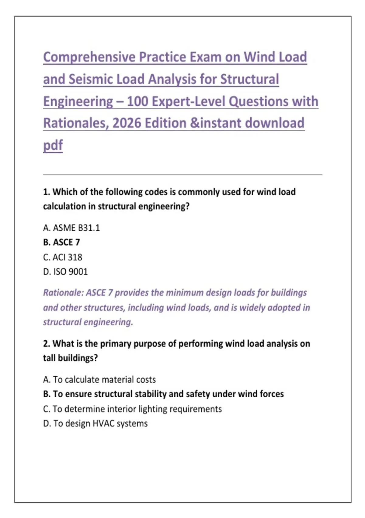 Structural Engineering Exam Example Questions Comprehensive Practice Exam on Wind Load and Seismic Load Analysis for ...