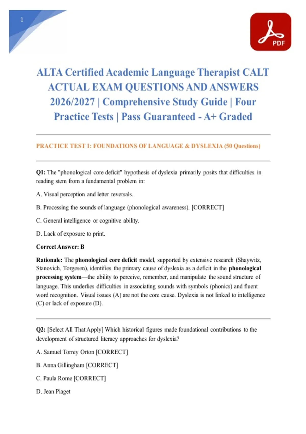 ALTA Certified Academic Language Therapist CALT ACTUAL EXAM QUESTIONS AND ANSWERS 2026/2027 ...
