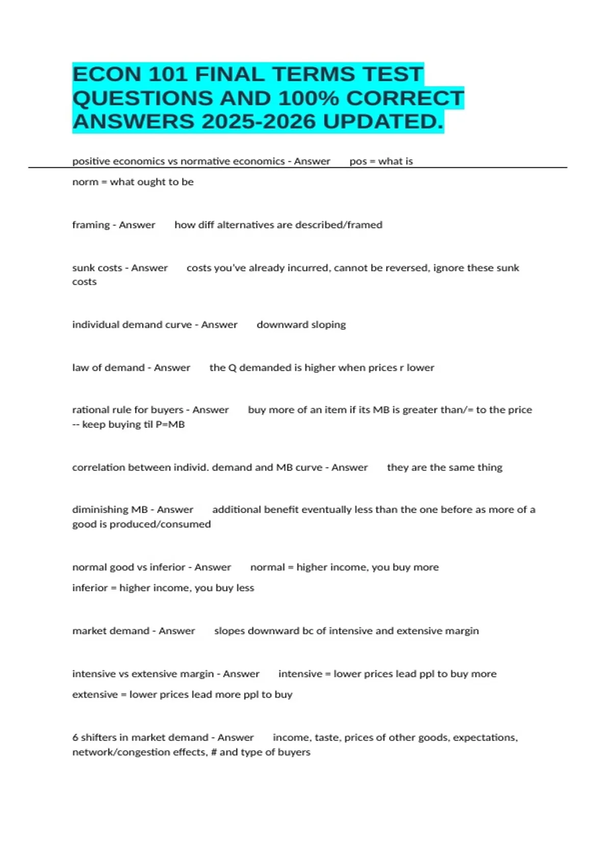 ECON 101 FINAL TERMS TEST QUESTIONS AND 100% CORRECT ANSWERS UPDATED ...