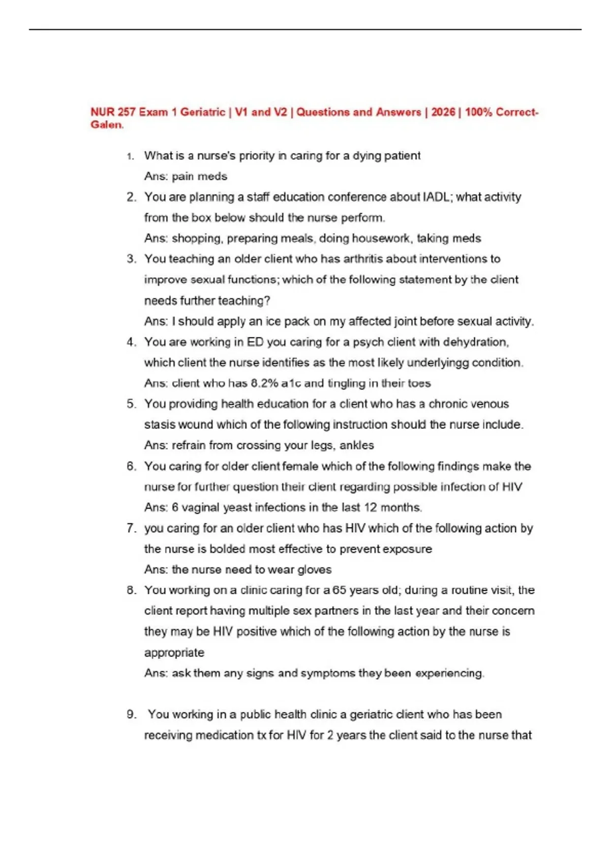 NUR 257 Exam 1 Geriatric | V1 and V2 | Questions and Answers | 2026 ...