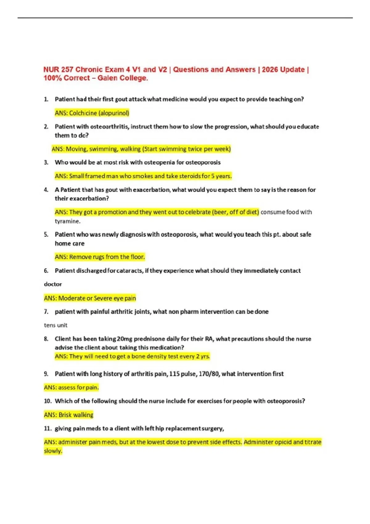 NUR 257 Chronic Exam 4 V1 and V2 | Questions and Answers | 2026 Update ...