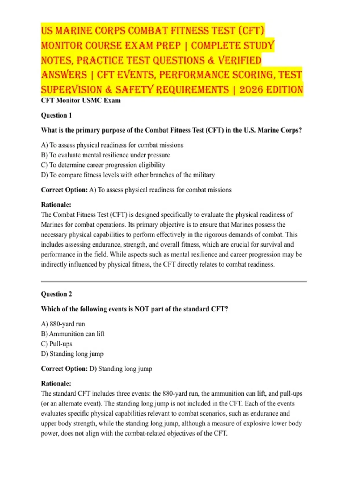 US MARINE CORPS COMBAT FITNESS TEST (CFT) MONITOR COURSE EXAM PREP ...