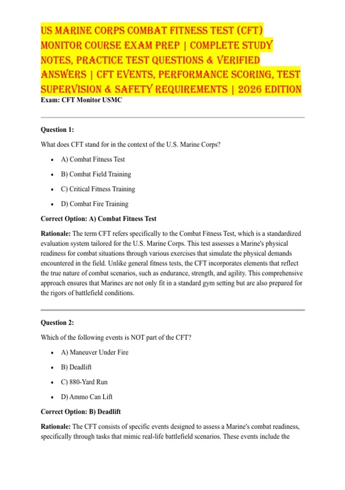 USMC CFT MONITOR TRAINING FINAL EXAM QUESTIONS AND ANSWERS WITH ...