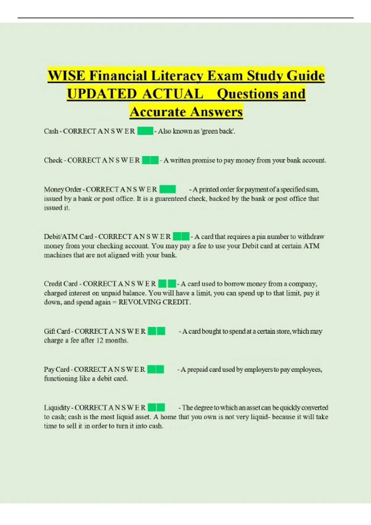 WISE Financial Literacy Exam Study Guide UPDATED ACTUAL Questions and ...