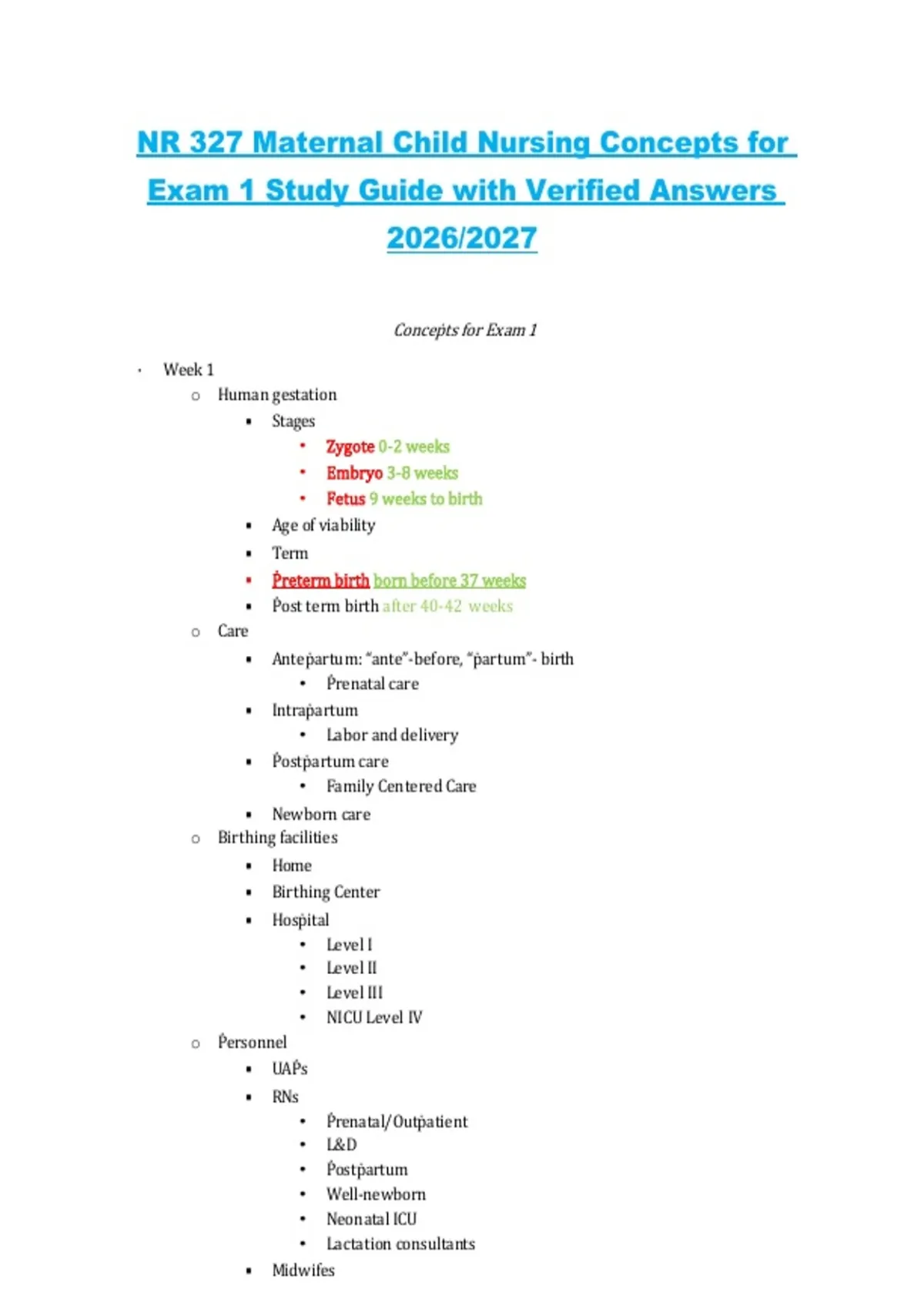 NR 327 Maternal Child Nursing Concepts – Exam 1 Study Guide with ...
