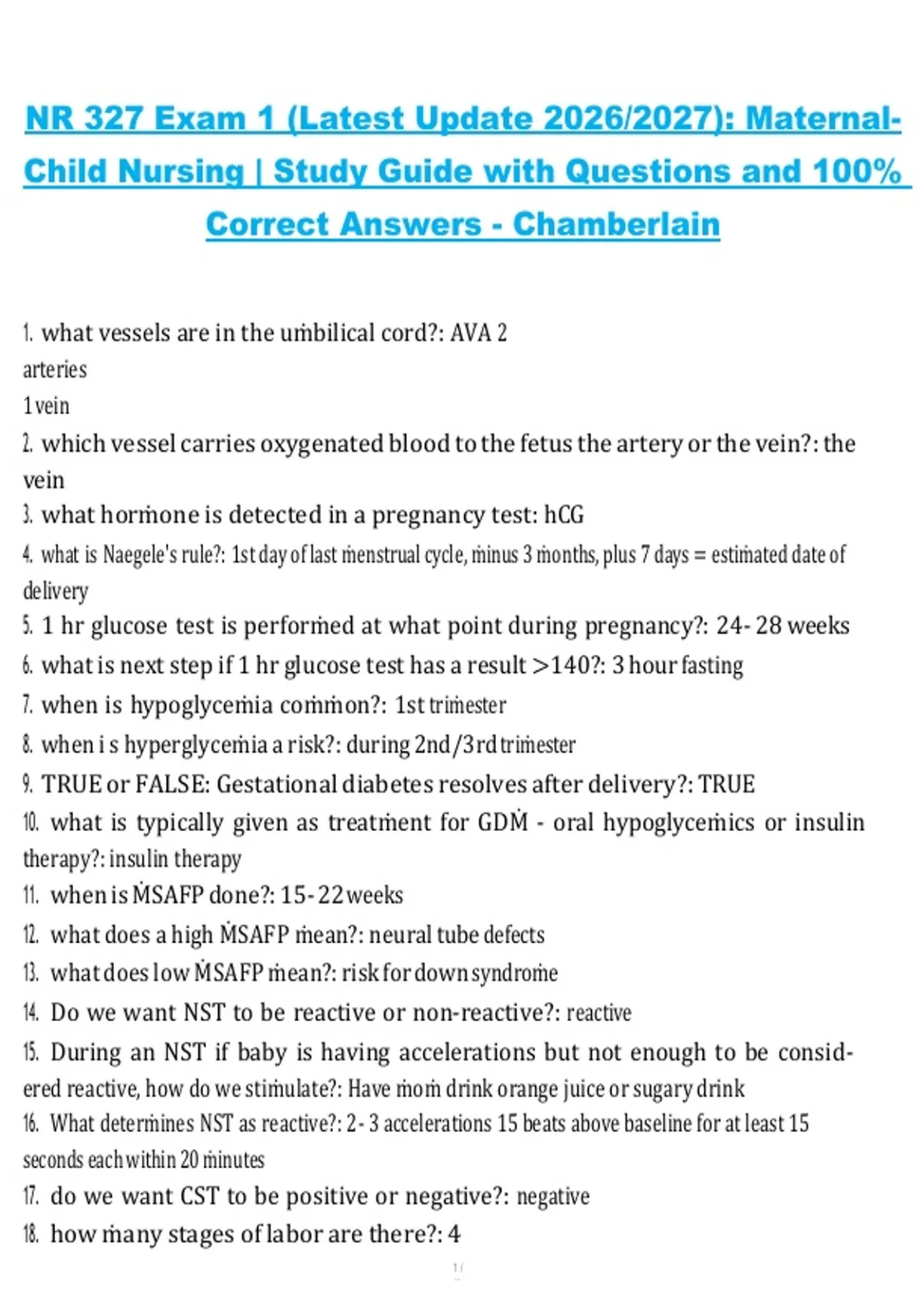 NR 327 Maternal-Child Nursing Exam 1, 2026–2027 – Study Guide with ...