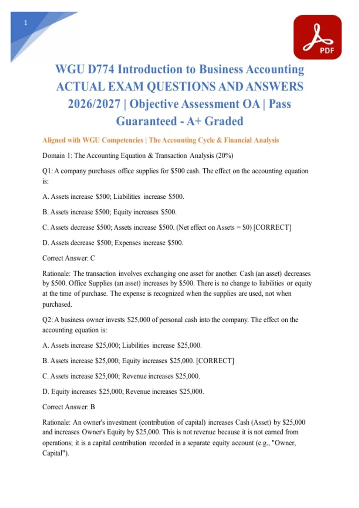 WGU D774 Introduction to Business Accounting ACTUAL EXAM QUESTIONS AND ...