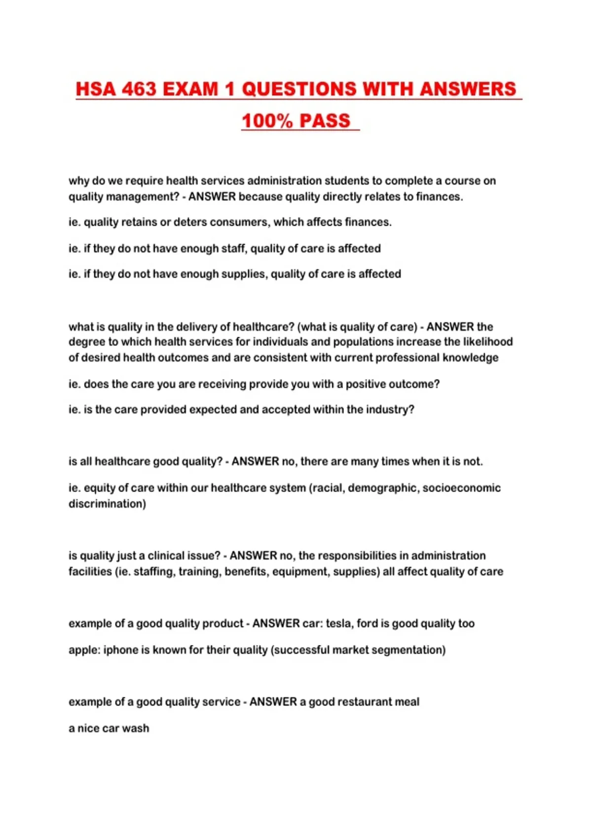 Hsa Questions HSA 463 EXAM 1 QUESTIONS WITH ANSWERS 100% PASS - HSA 463 - Stuvia US