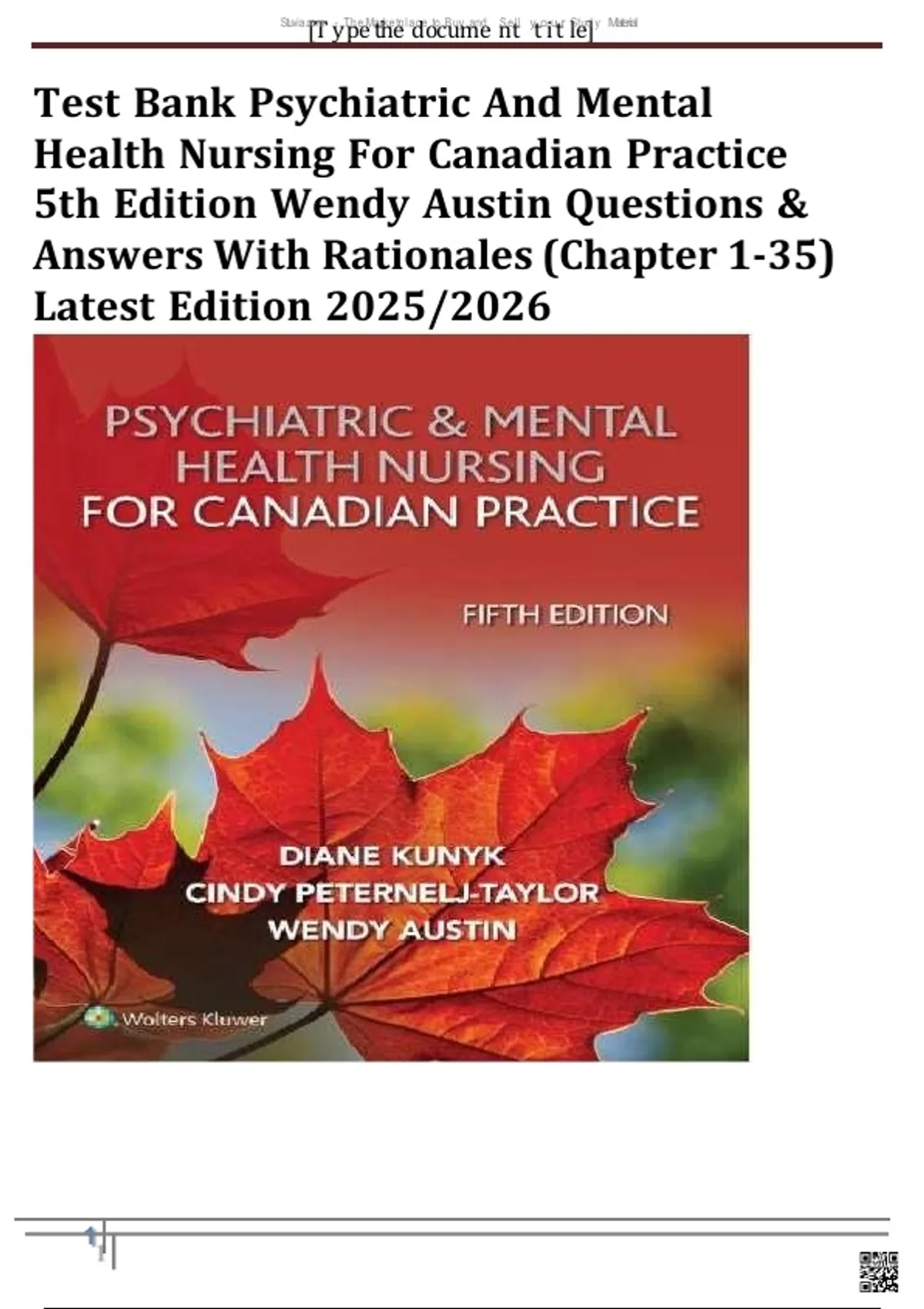 All Chapters Test Bank: Psychiatric and Mental Health Nursing for Canadian Practice ...