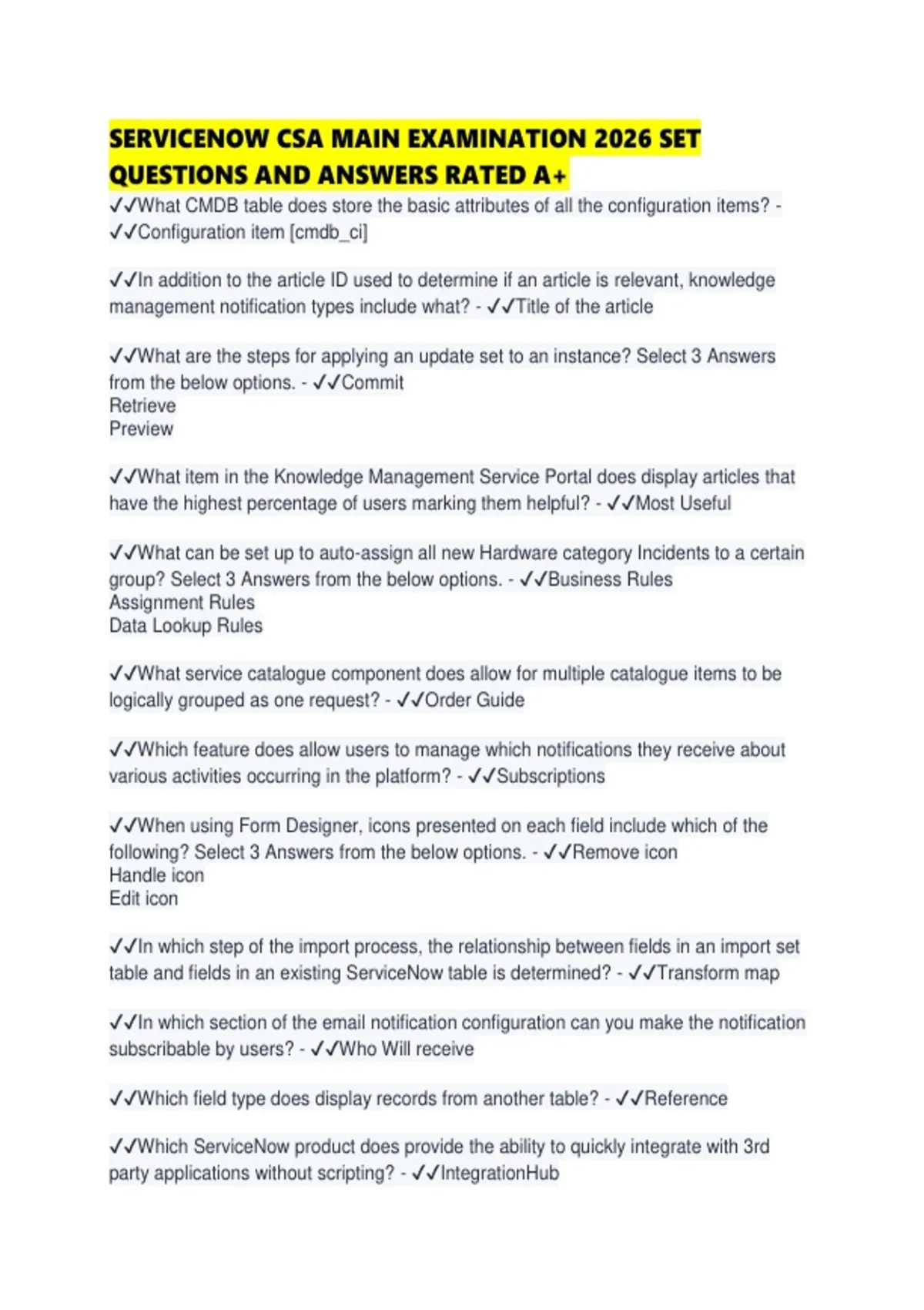 SERVICENOW CSA MAIN EXAMINATION 2026 SET QUESTIONS AND ANSWERS RATED ...