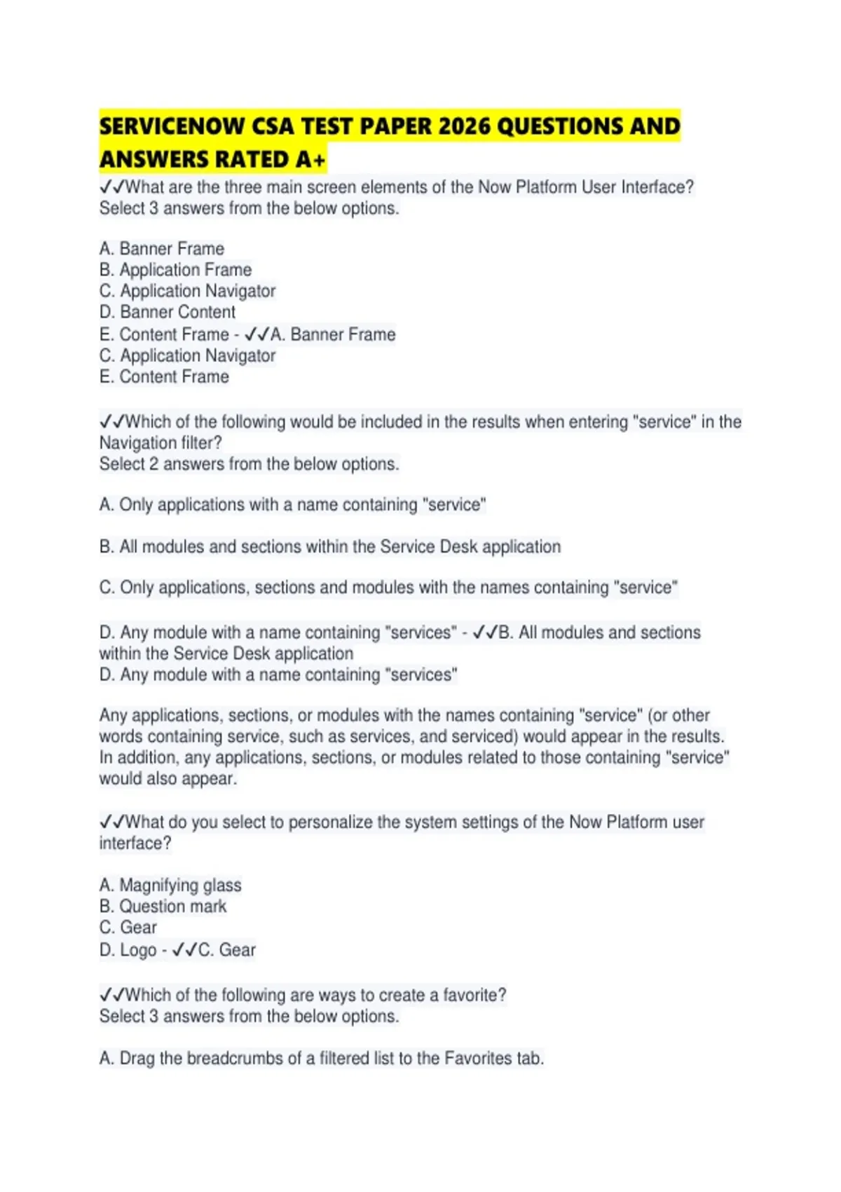 SERVICENOW CSA TEST PAPER 2026 QUESTIONS AND ANSWERS RATED - ServiceNow ...