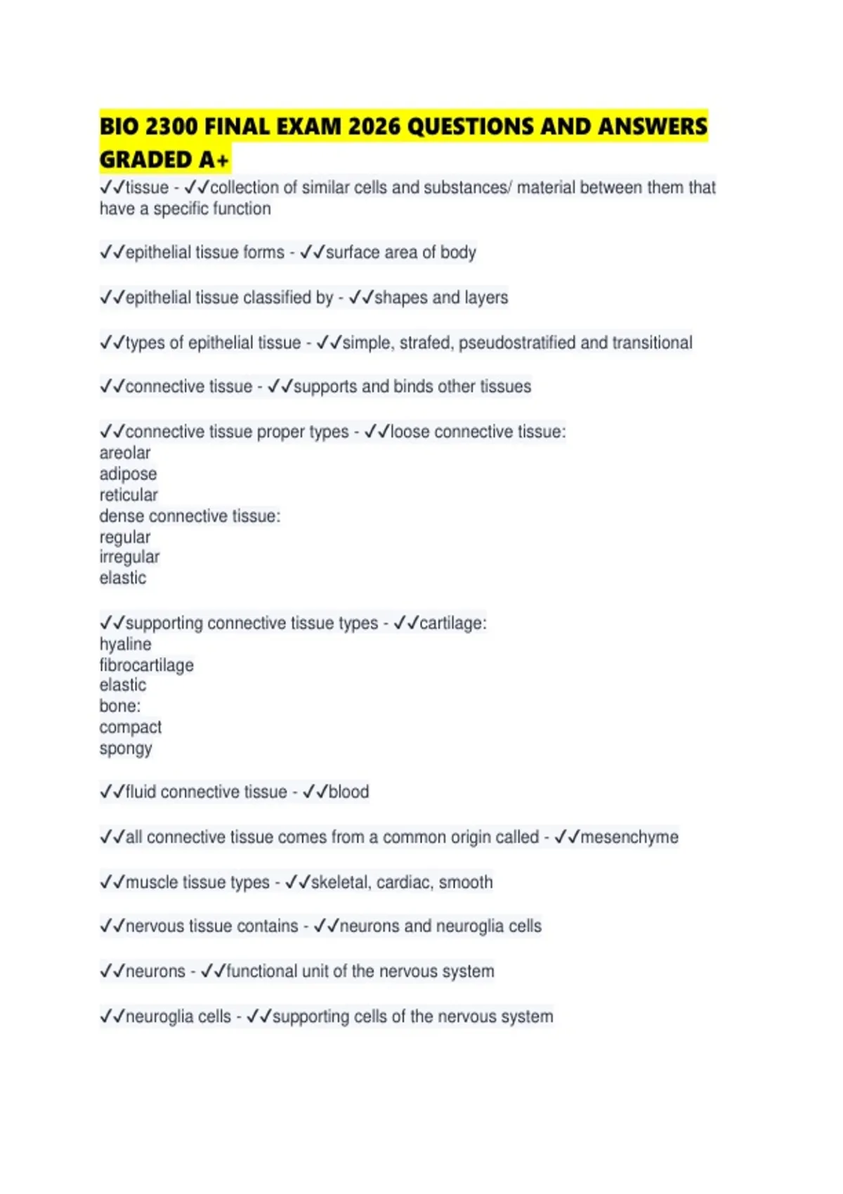 BIO 2300 FINAL EXAM 2026 QUESTIONS AND ANSWERS GRADED - BIO 2300 ...