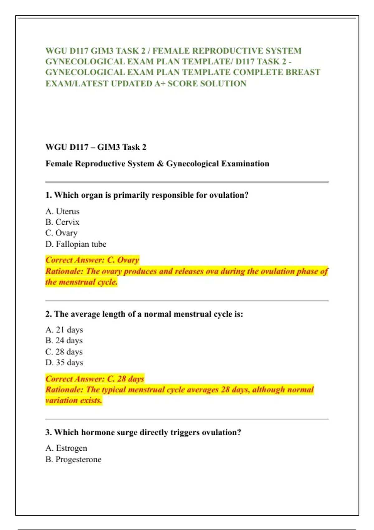 WGU D117 GIM3 TASK 2 / FEMALE REPRODUCTIVE SYSTEM GYNECOLOGICAL EXAM ...