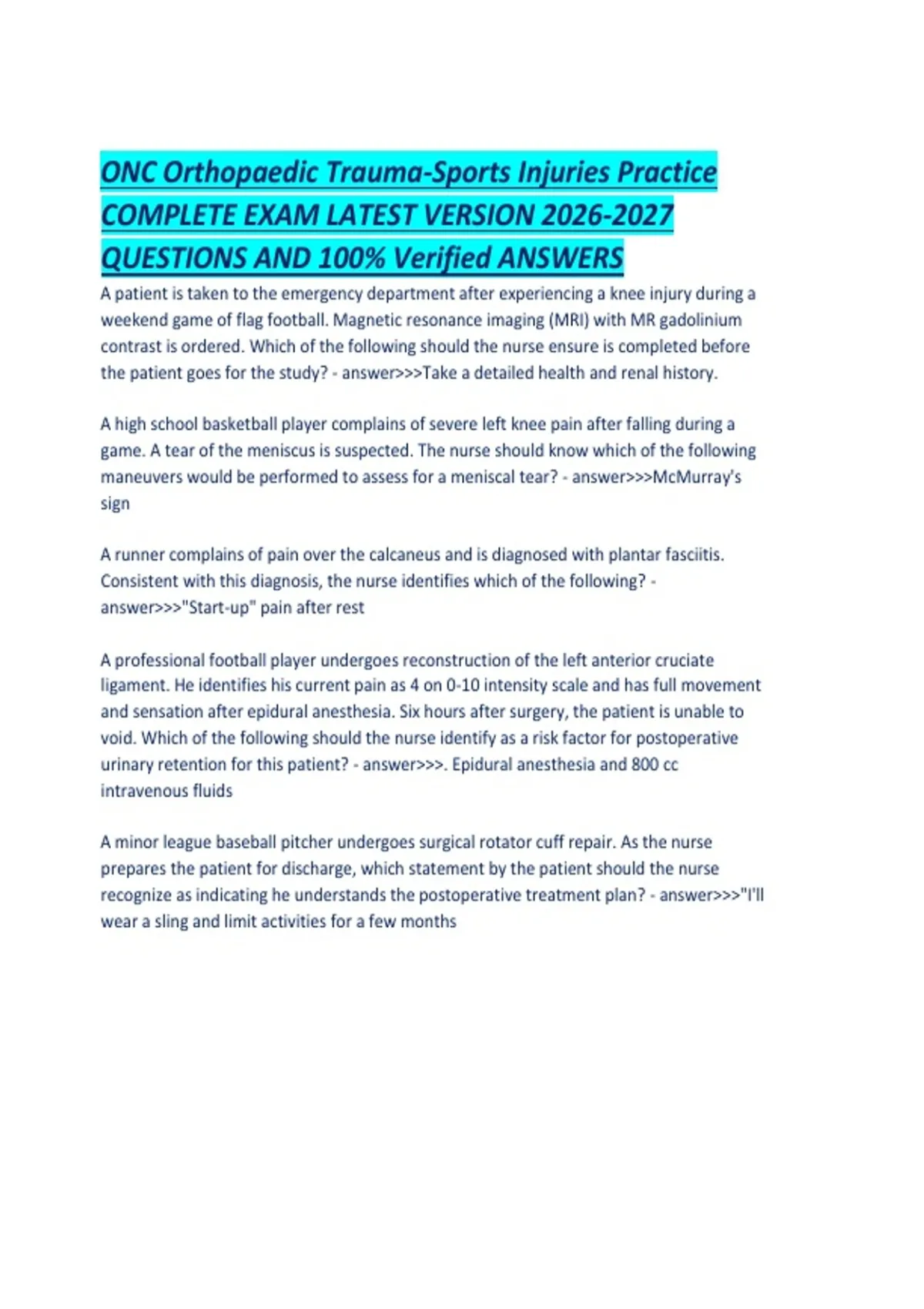 Post Injury Questions ONC Orthopaedic Trauma-Sports Injuries Practice COMPLETE EXAM LATEST ...