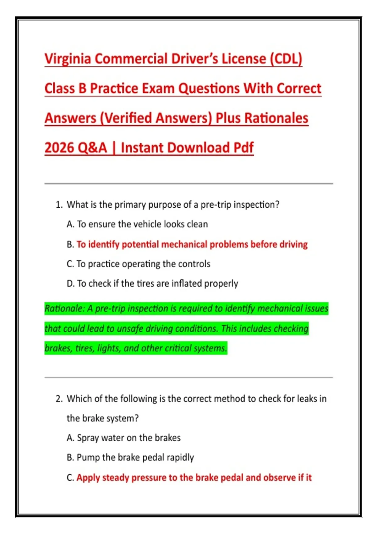 Image result for Virginia Commercial Driver's License (CDL) Class B Practice Exam Questions With Correct Answers ...