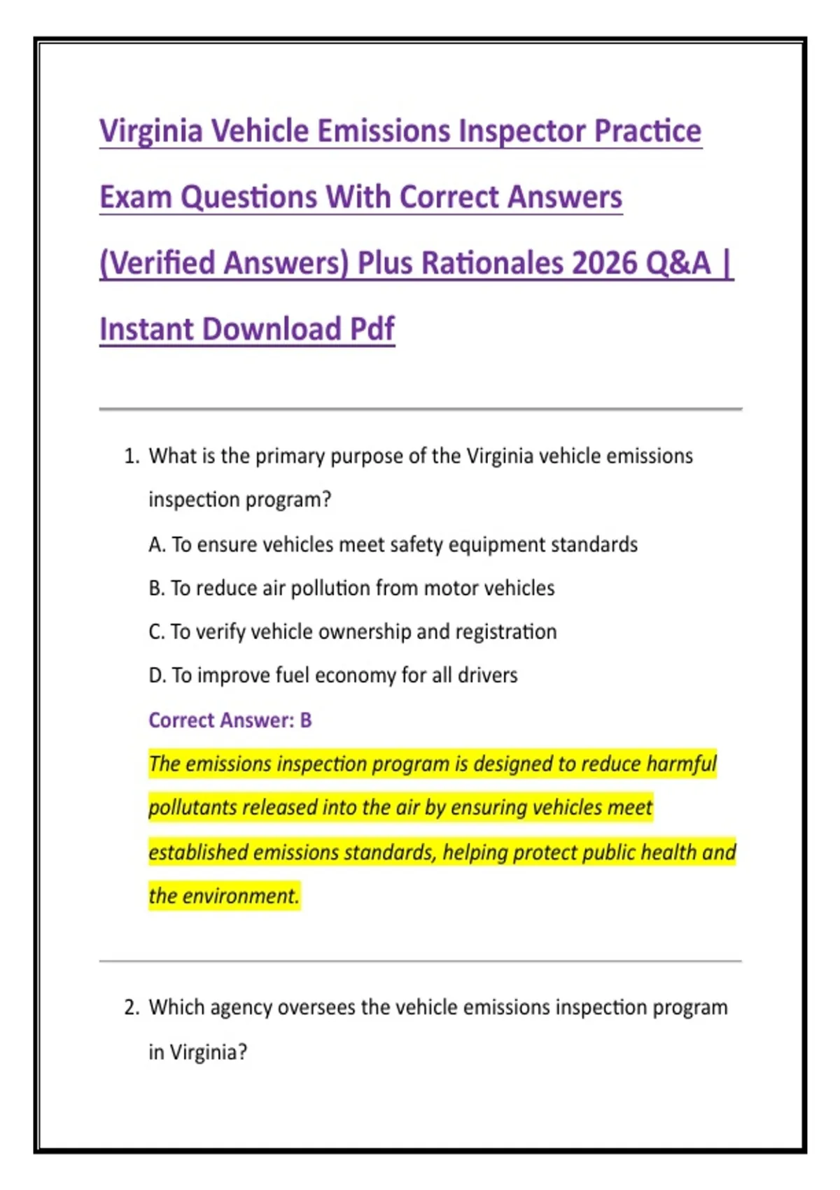 Virginia Vehicle Emissions Inspector Practice Exam Questions With ...