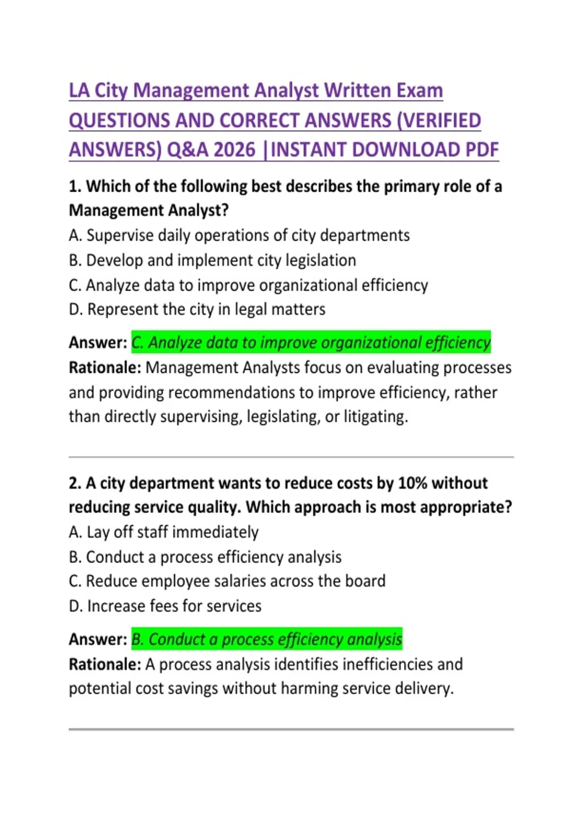 Area Program Manager Written Test LA City Management Analyst Written Exam – Practice Questions and ...