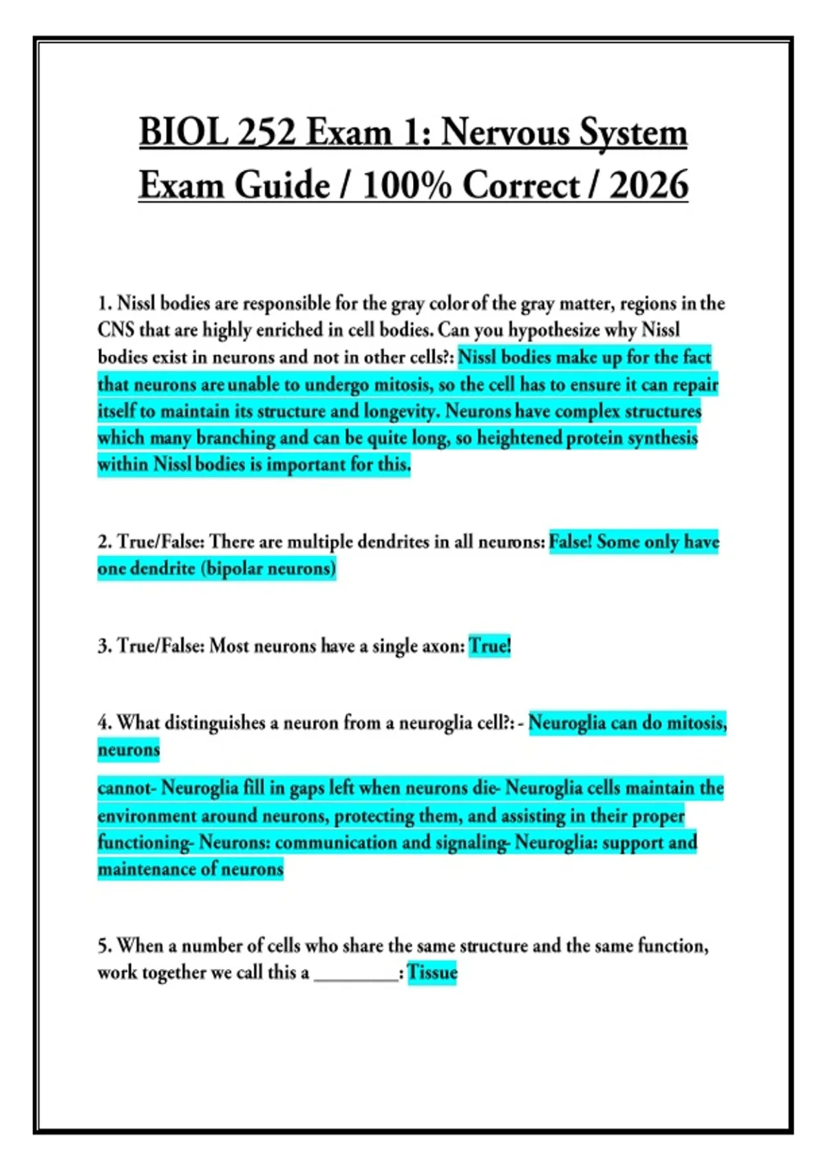 BIOL 252 Exam 1- Nervous System Exam Guide - 100% Correct - 2026 ...