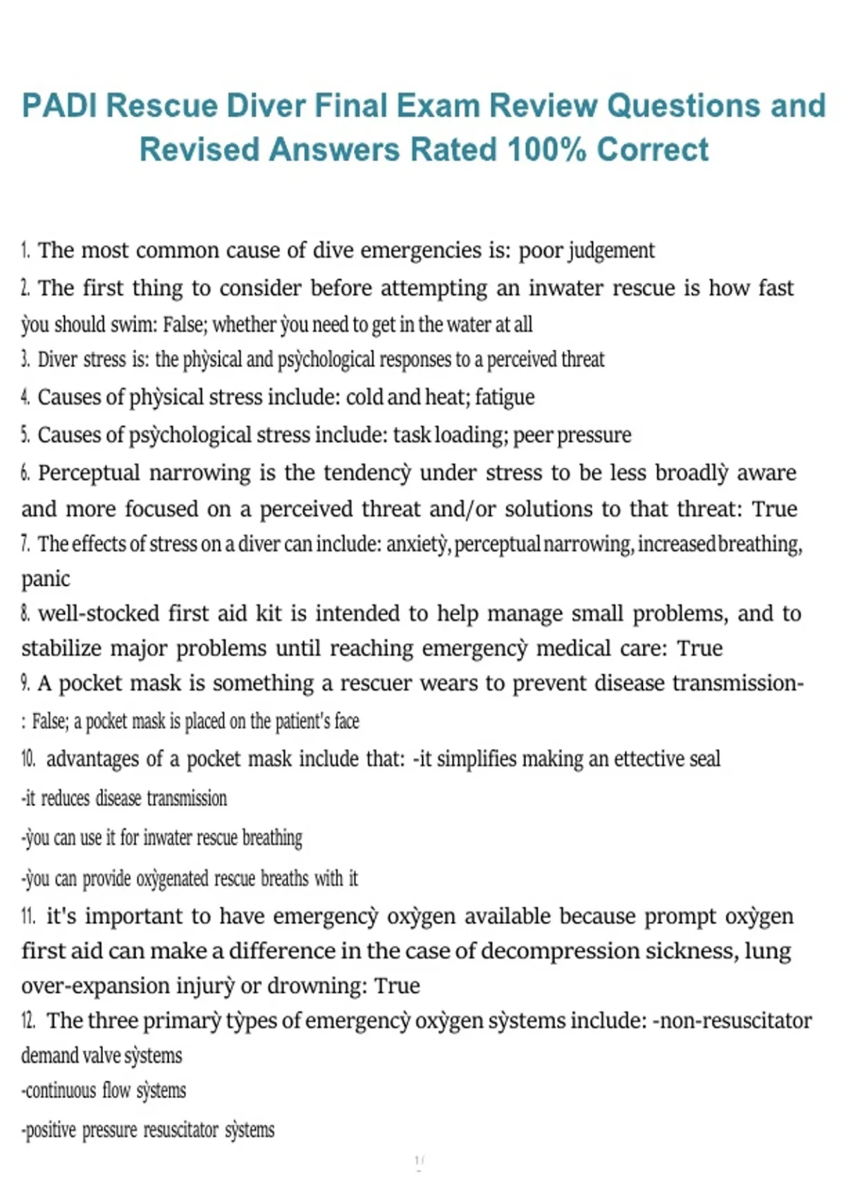 PADI Rescue Diver – Rescue Diver Certification, 2026/2027 – Final Exam Review Questions with ...