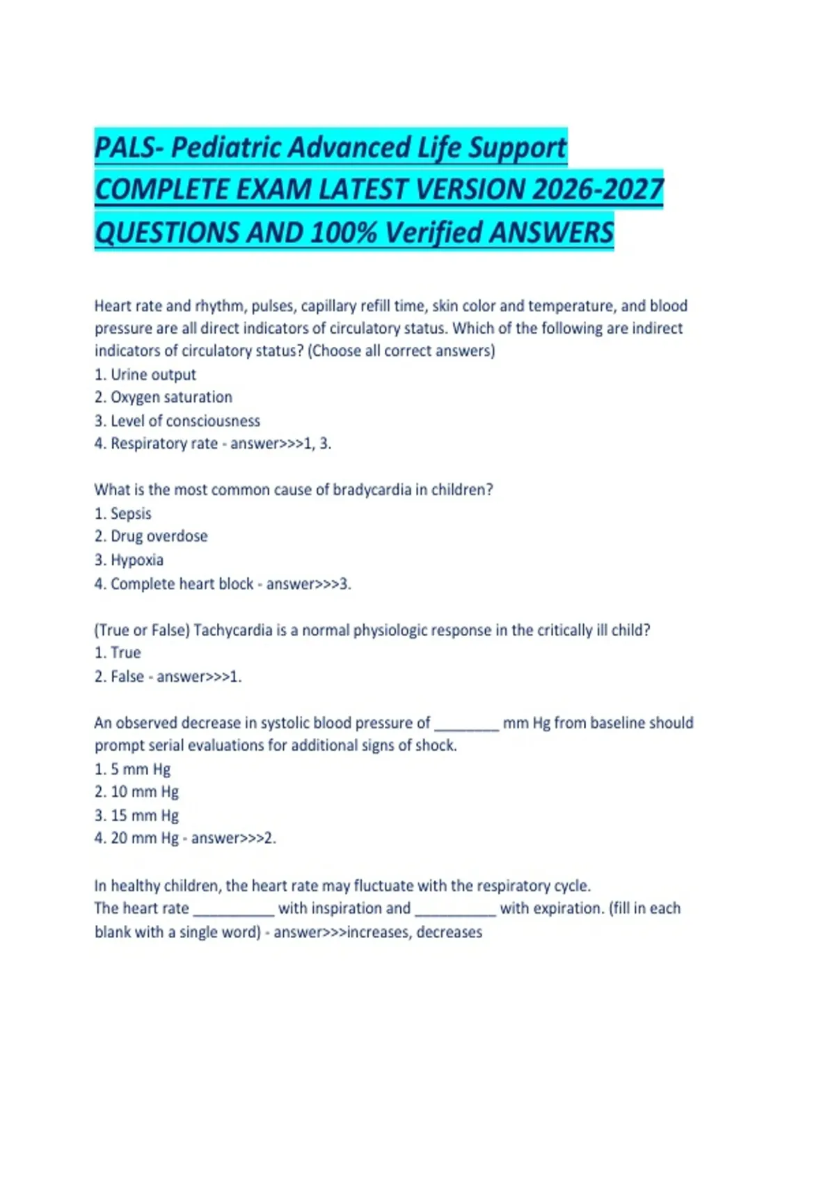 Pals Answer Sheet.pdf PALS- Pediatric Advanced Life Support COMPLETE EXAM LATEST VERSION ...