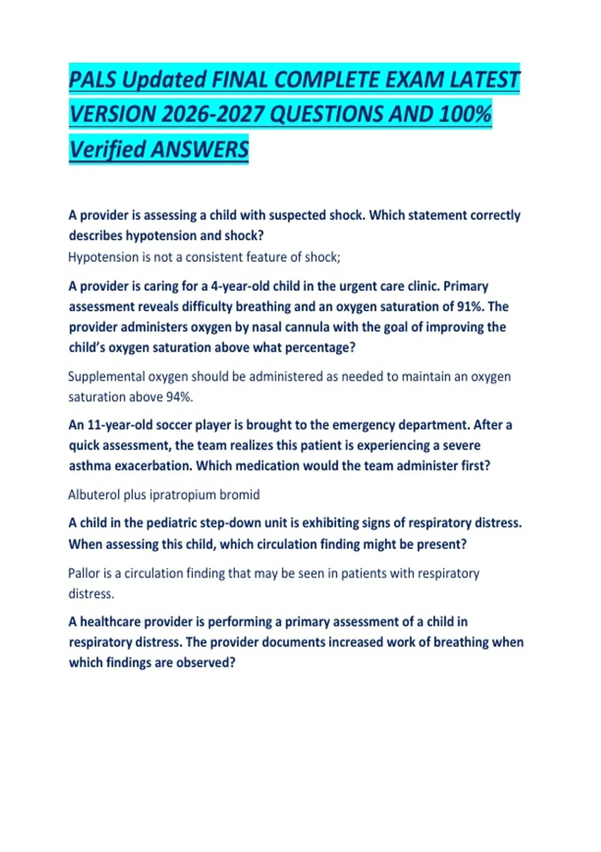 PALS Updated FINAL COMPLETE EXAM LATEST VERSION QUESTIONS AND 100 ...