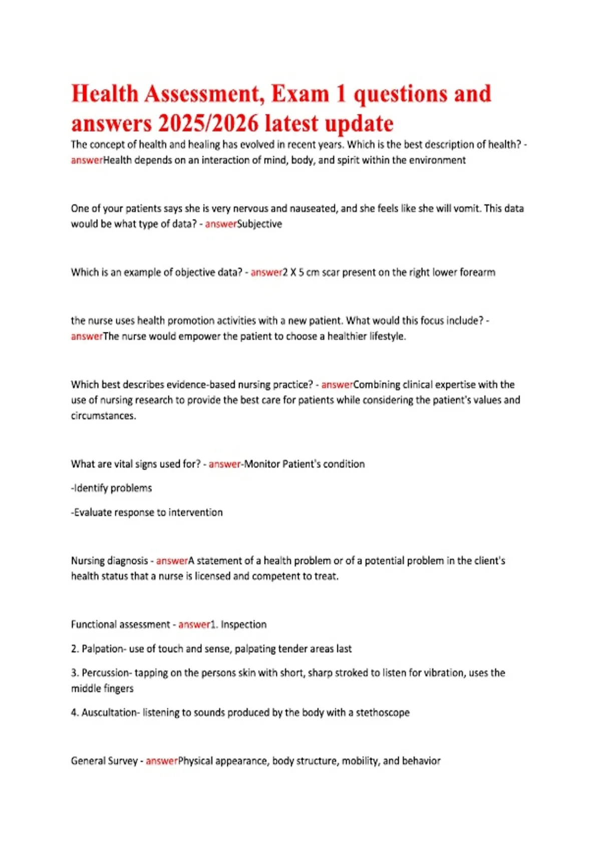 Health Assessment, Exam 1 questions and answers 2025/2026 latest update ...