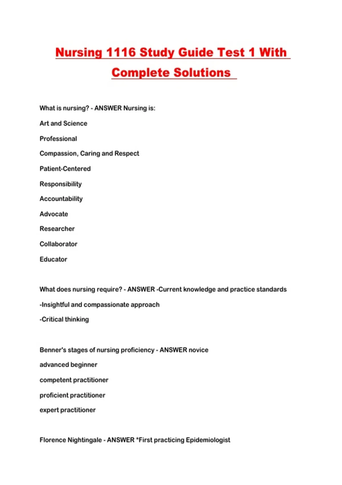 Nursing 1116 Study Guide Test 1 With Complete Solutions - Nursing 1116 ...