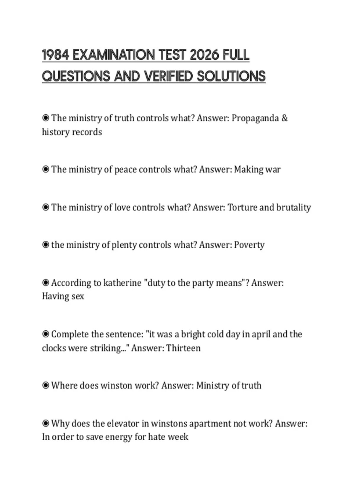 1984 EXAMINATION TEST 2026 FULL QUESTIONS AND VERIFIED SOLUTIONS - 1984 ...