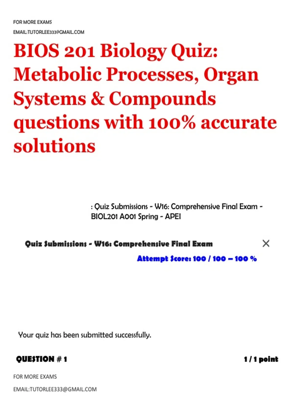 BIOS 201 Biology Quiz: Metabolic Processes, Organ Systems & Compounds ...