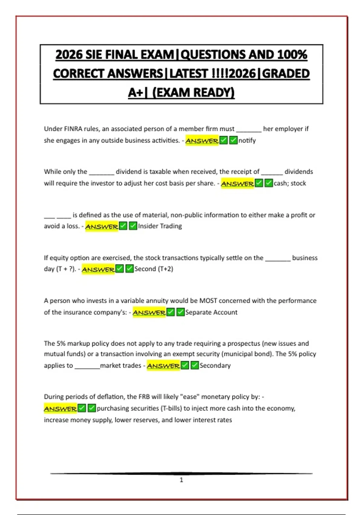 2026 SIE FINAL EXAM|QUESTIONS AND 100% CORRECT ANSWERS|LATEST !!!!2026 ...
