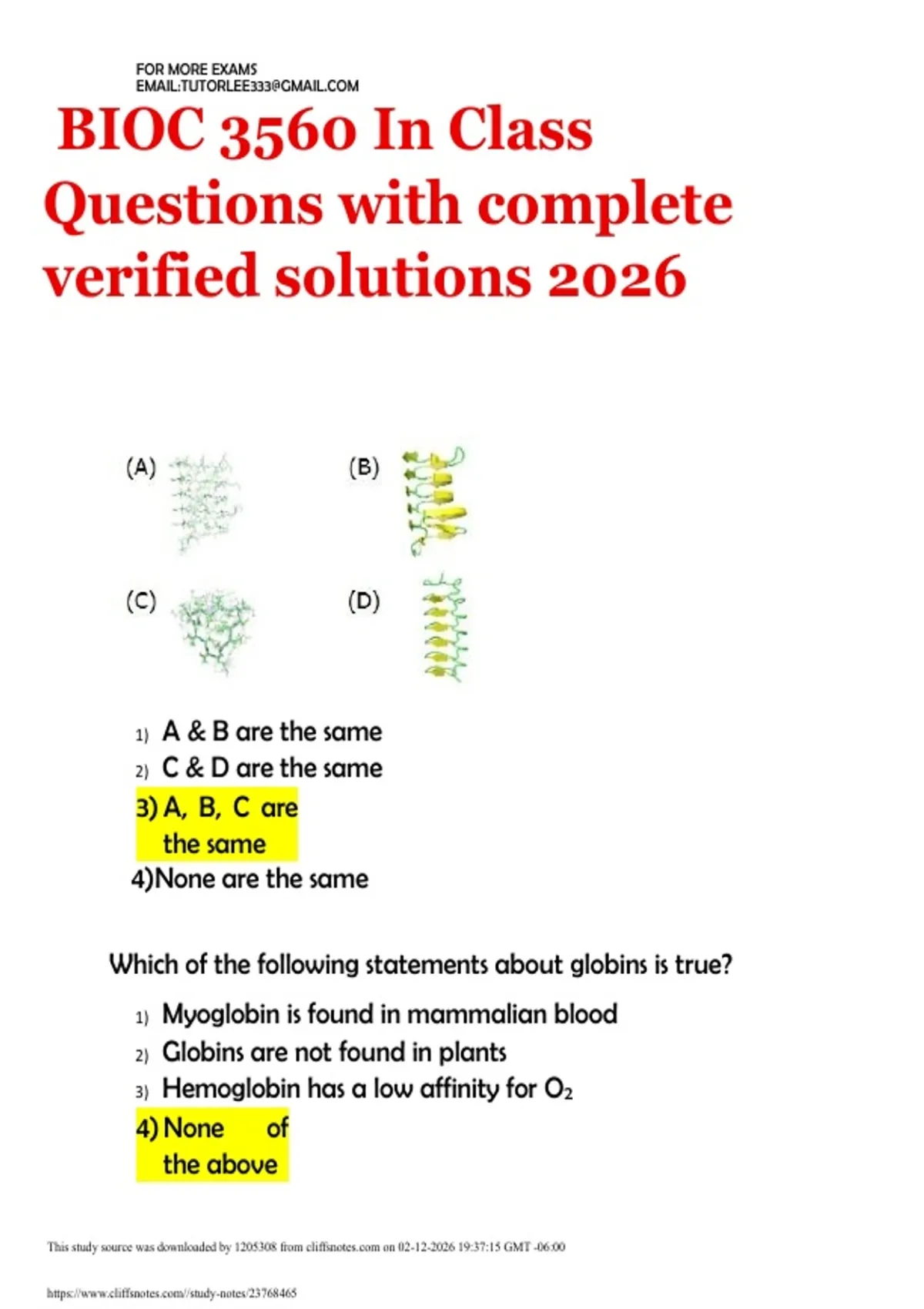 BIOC 3560 In Class Questions with complete verified solutions 2026 ...