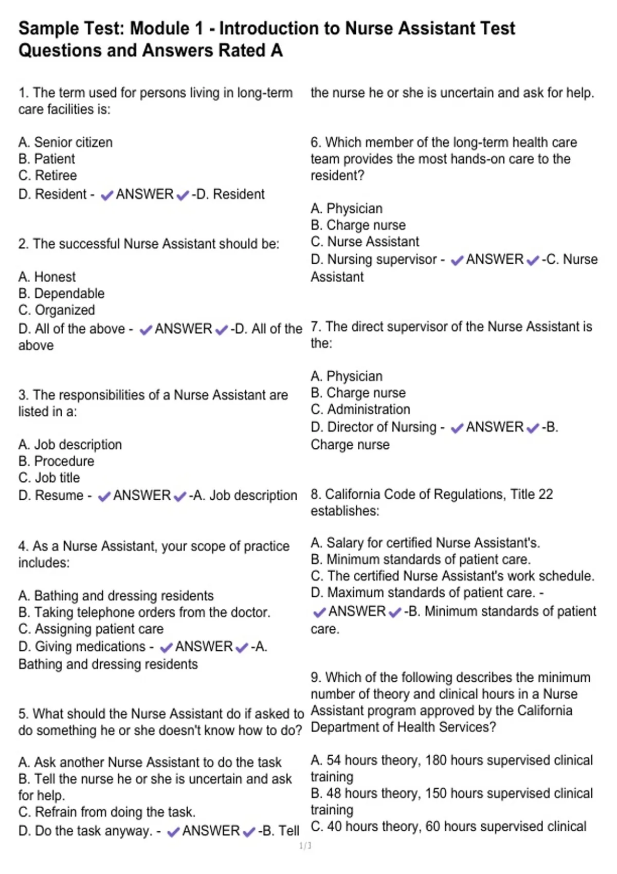 Sample Test: Module 1 - Introduction to Nurse Assistant Test Questions ...