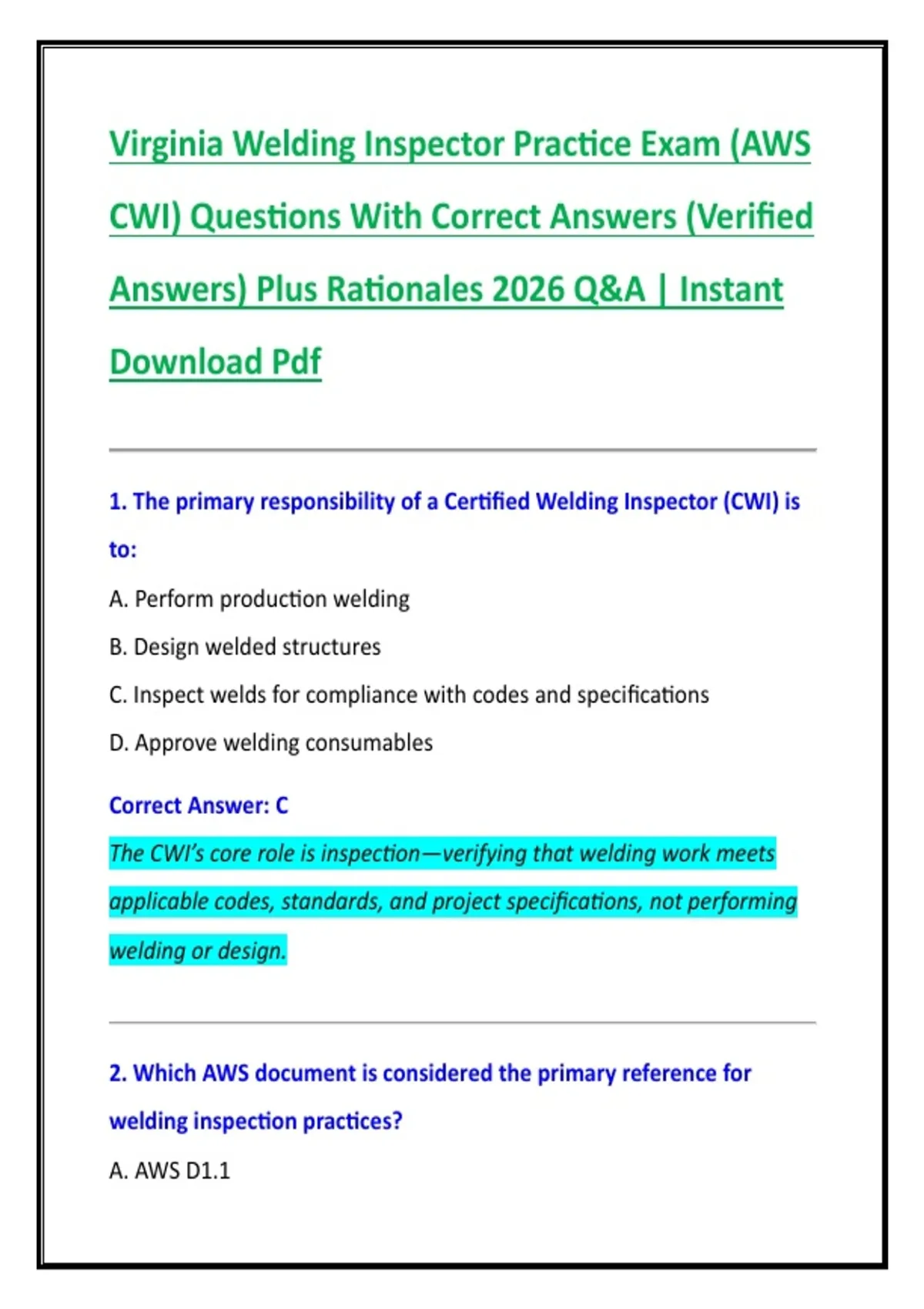 Cwi Math Work Sheet.pdf Virginia Welding Inspector Practice Exam (AWS CWI) Questions With ...