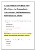 Florida Wastewater Treatment Plant  Class A Exam Practice Examination  &lpar;Process Control&comma; Facility Management&comma;  Nutrient Removal & Rules&rpar;