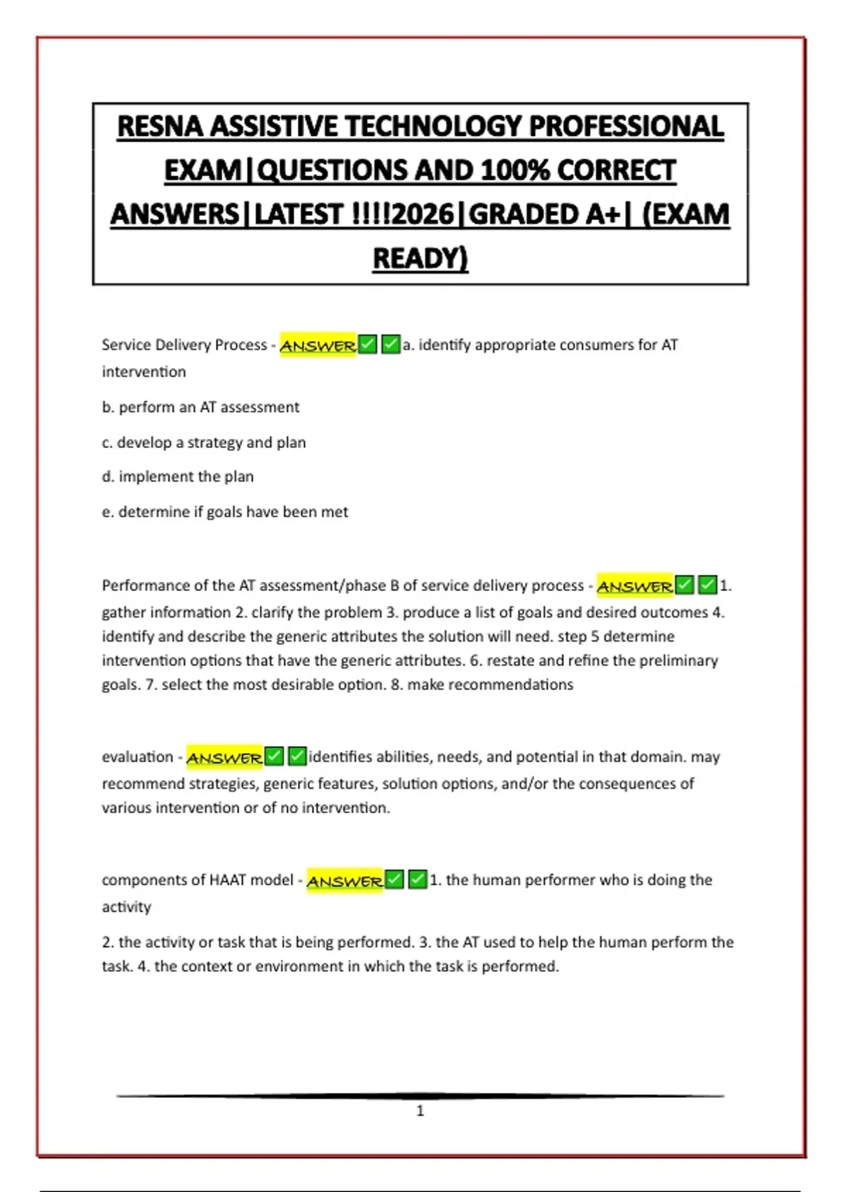 RESNA ASSISTIVE TECHNOLOGY PROFESSIONAL EXAM|QUESTIONS AND 100% CORRECT ...