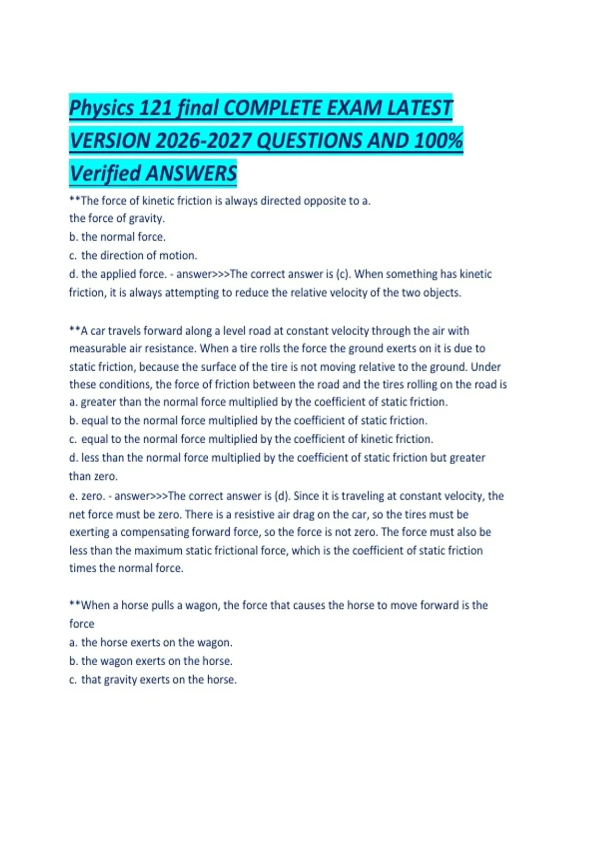 Physics 121 final COMPLETE EXAM LATEST VERSION QUESTIONS AND 100 ...