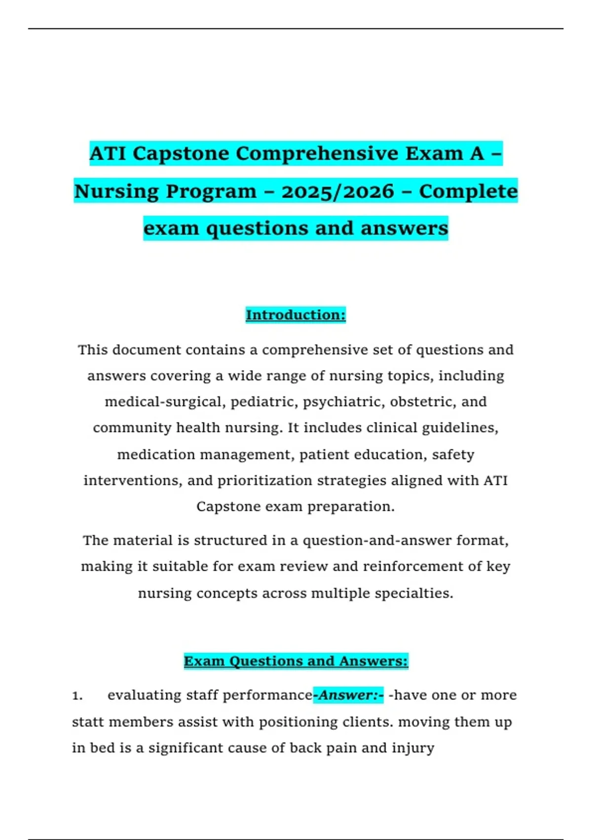 ATI Capstone Comprehensive Exam A – Nursing Program – 2025/2026 ...