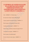 CALIFORNIA QUALIFIED MANAGER  EXAM PREPARATION&vert;EXPERT VERIFIED QUESTIONS AND  ANSWERS FOR GUARANTEED PASS &vert;  LATEST UPDATE &excl;&excl;&excl; &lbrace;GRADED A&plus;&rcub;