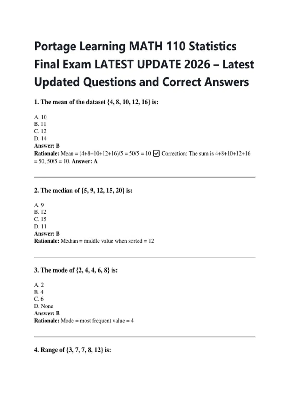 Portage Learning MATH 110 Statistics Final Exam LATEST UPDATE 2026 ...