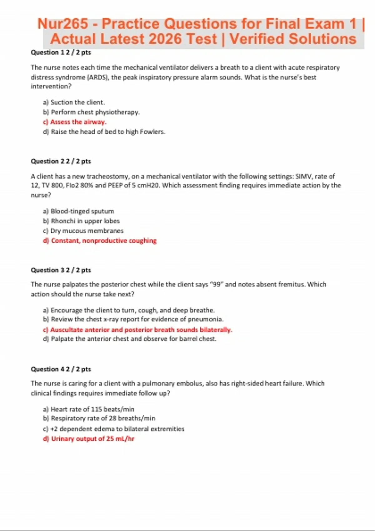 Nur265 - Practice Questions for Final Exam 1 | Actual Latest 2026 Test ...