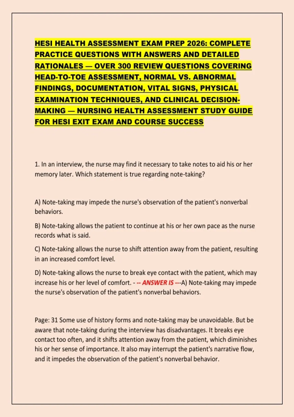 HESI HEALTH ASSESSMENT EXAM PREP 2026: COMPLETE PRACTICE QUESTIONS WITH ...