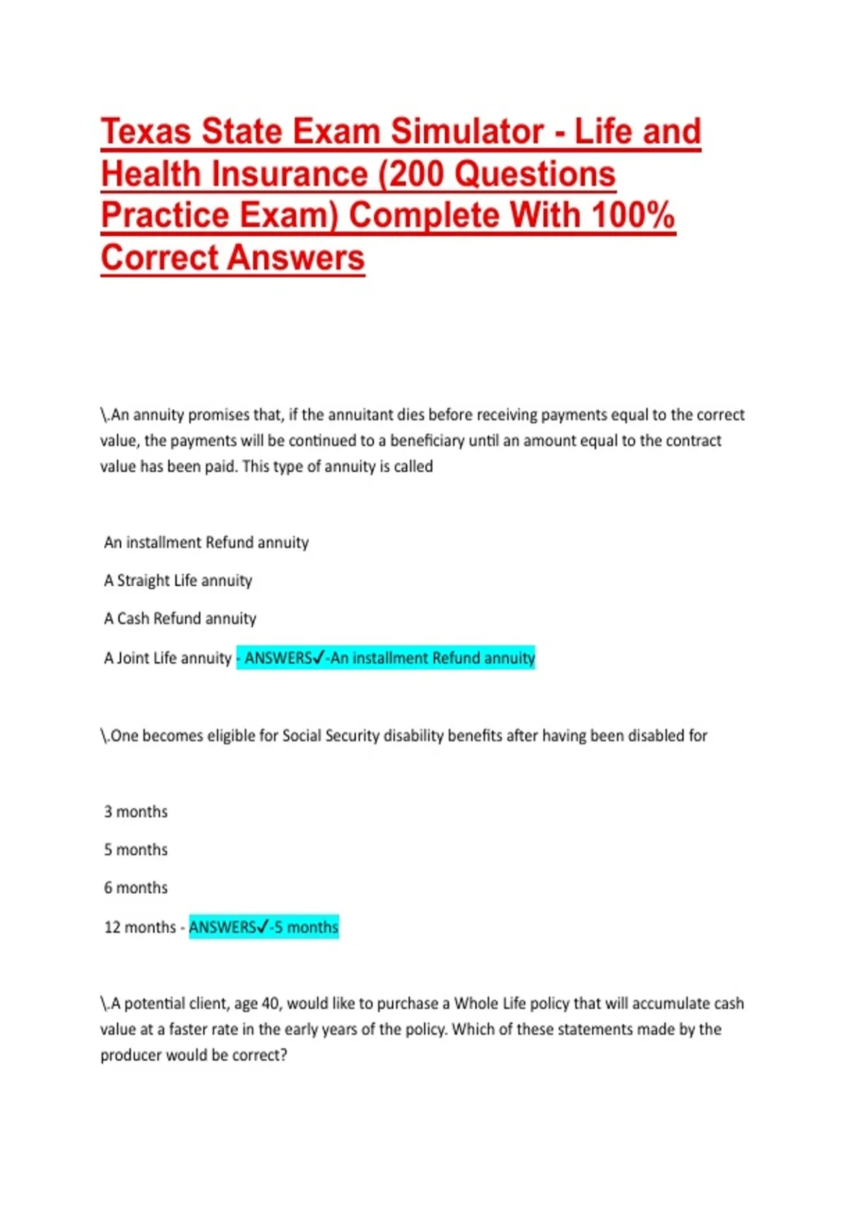 Texas State Exam Simulator - Life and Health Insurance (200 Questions ...