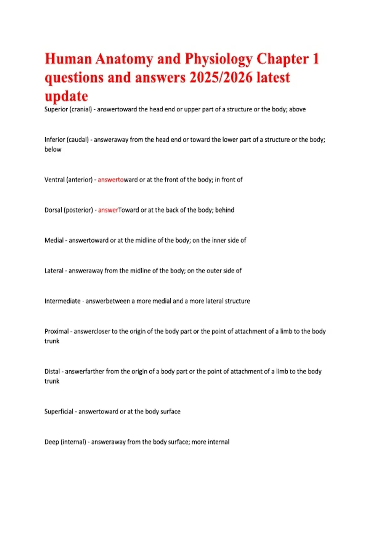 Human Anatomy and Physiology Chapter 1 questions and answers 2025/2026 ...