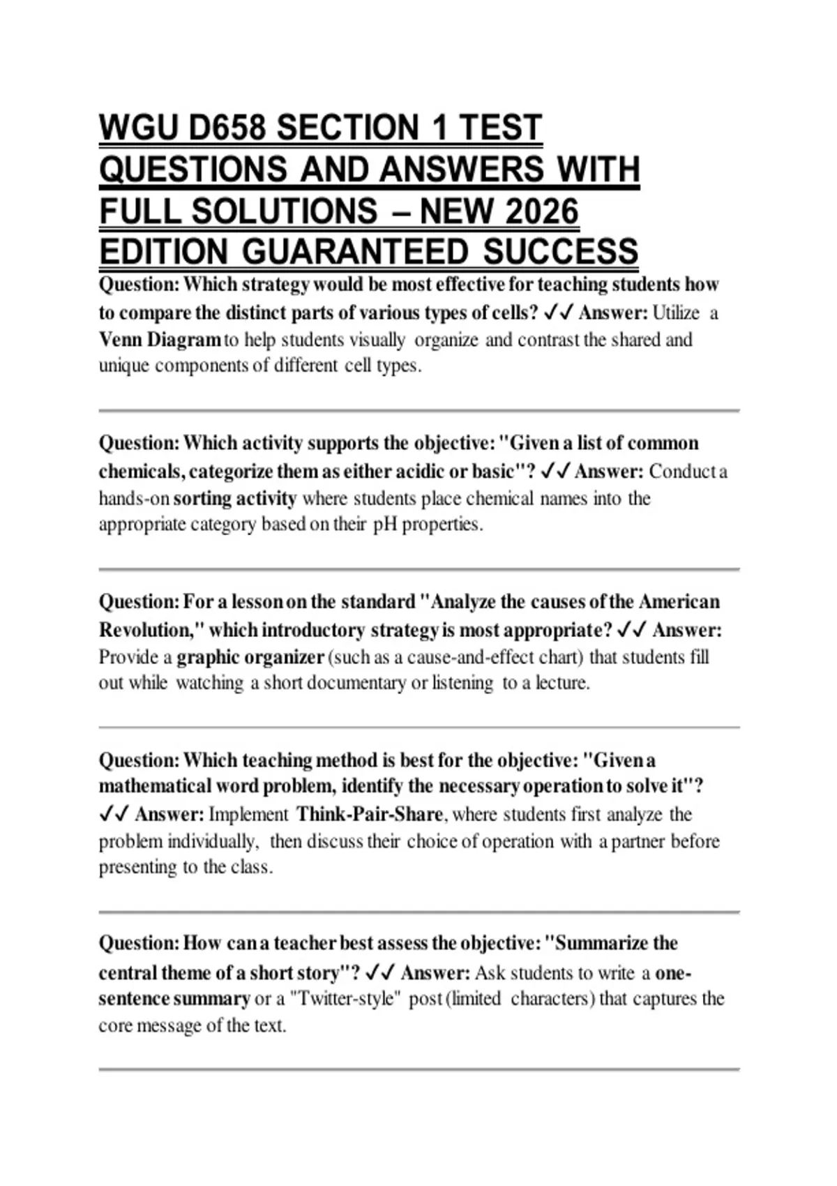 Full Solution WGU D658 SECTION 1 TEST QUESTIONS AND ANSWERS WITH FULL SOLUTIONS – NEW ...