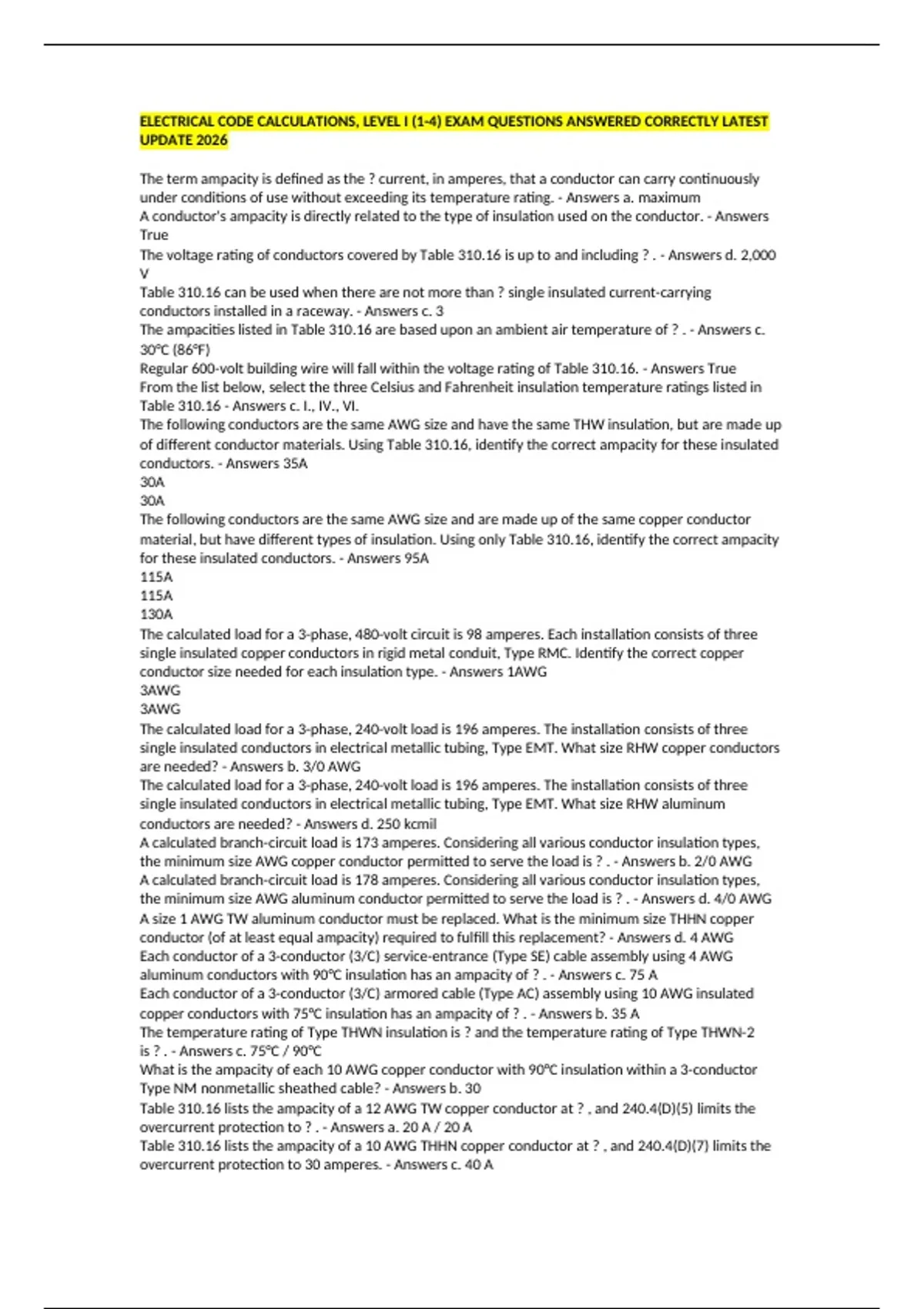 ELECTRICAL CODE CALCULATIONS, LEVEL I (1-4) EXAM QUESTIONS ANSWERED ...