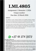 LML4805 Assignment 1 &lpar;COMPLETE ANSWERS&rpar; Semester 1 2026 - DUE 10 March 2026 