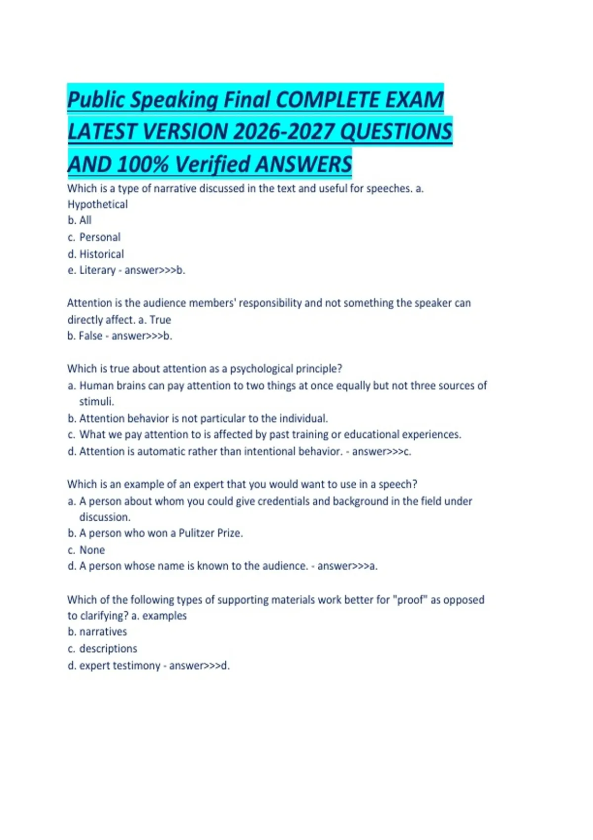 Public Speaking Final COMPLETE EXAM LATEST VERSION QUESTIONS AND 100 ...