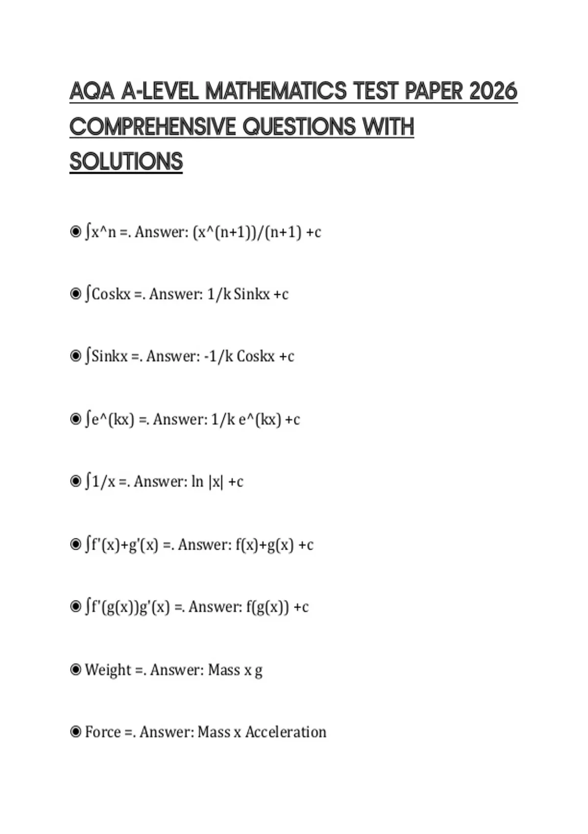 AQA A-LEVEL MATHEMATICS TEST PAPER 2026 COMPREHENSIVE QUESTIONS WITH ...